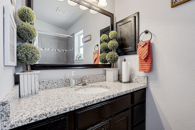 14701 Tim Hardaway, El Paso, TX 79938 - bathroom with vanity, lofted ceiling, and a shower