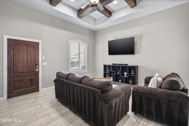 3452 David Palacio Dr, El Paso, TX 79938 - living room featuring beamed ceiling, coffered ceiling, ceiling fan, and wood tiled floors
