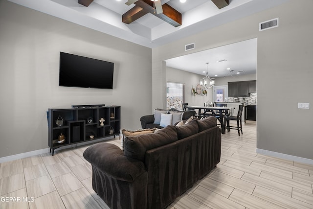 3452 David Palacio Dr, El Paso, TX 79938 - living room with coffered ceiling, a chandelier, beamed ceiling, and recessed lighting
