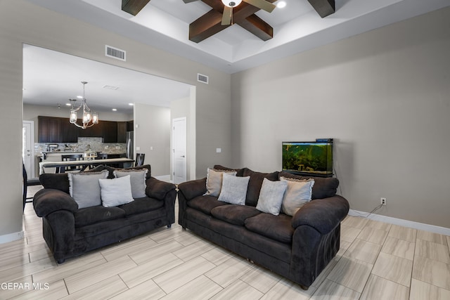 3452 David Palacio Dr, El Paso, TX 79938 - living room with a chandelier, a ceiling fan, coffered ceiling, beamed ceiling, and recessed lighting
