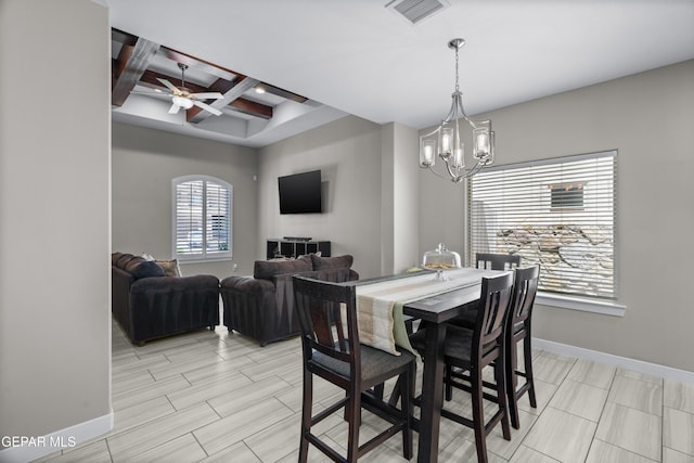3452 David Palacio Dr, El Paso, TX 79938 - dining space featuring a chandelier, coffered ceiling, beamed ceiling, and ceiling fan