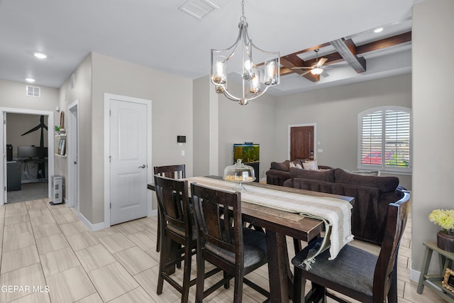 3452 David Palacio Dr, El Paso, TX 79938 - dining space featuring coffered ceiling, recessed lighting, a chandelier, beamed ceiling, and ceiling fan