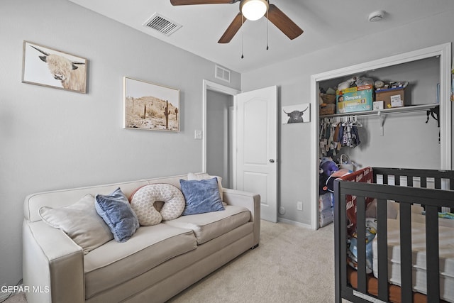 14236 Rattler Point Dr, El Paso, TX 79938 - bedroom with light carpet, a closet, and ceiling fan