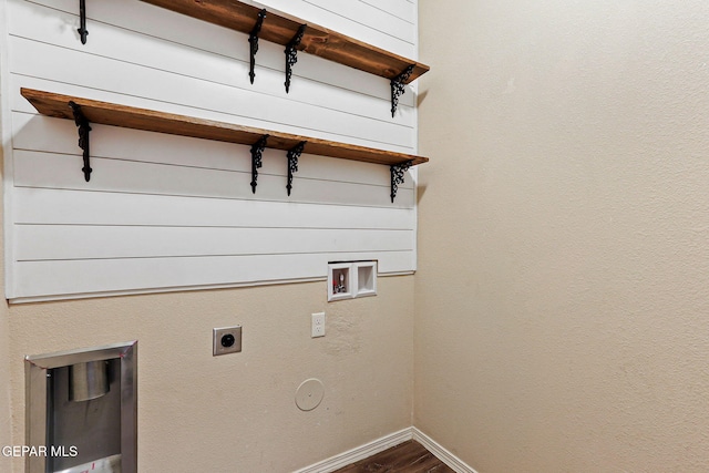 14840 Tim Hardaway, El Paso, TX 79938 - laundry room featuring washer hookup, dark wood-style flooring, baseboards, hookup for an electric dryer, and gas dryer hookup