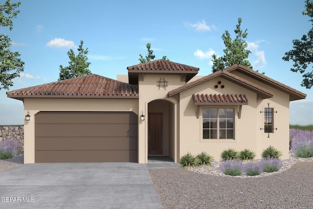 248 Emerald Storm Pl, El Paso, TX 79928 - mediterranean / spanish home featuring a tile roof, an attached garage, driveway, and stucco siding
