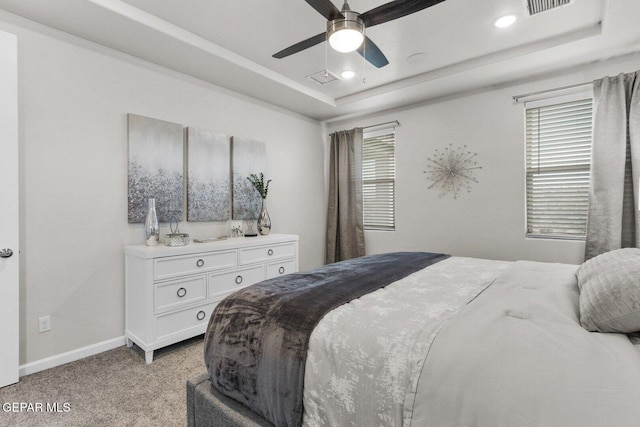 912 Pettus Pl, El Paso, TX 79928 - bedroom featuring a tray ceiling, light carpet, baseboards, a ceiling fan, and recessed lighting
