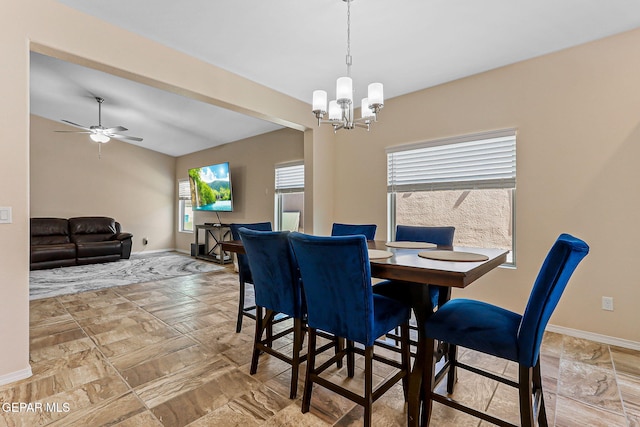 11589 Flor Cadillo, Socorro, TX 79927 - dining space featuring baseboards, a chandelier, and ceiling fan