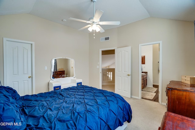 13261 Walker Post Ave, El Paso, TX 79928 - bedroom featuring vaulted ceiling, light colored carpet, a ceiling fan, and ensuite bathroom