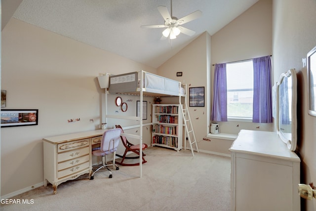 13261 Walker Post Ave, El Paso, TX 79928 - bedroom featuring light carpet, high vaulted ceiling, and a desk