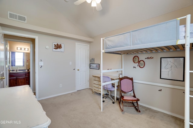 13261 Walker Post Ave, El Paso, TX 79928 - home office with light colored carpet, ceiling fan, and vaulted ceiling