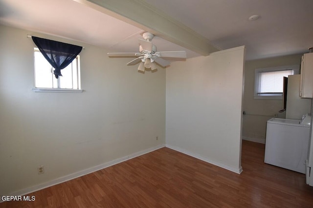 1275 Prospect St, El Paso, TX 79902 - spare room featuring ceiling fan, wood finished floors, baseboards, and separate washer and dryer