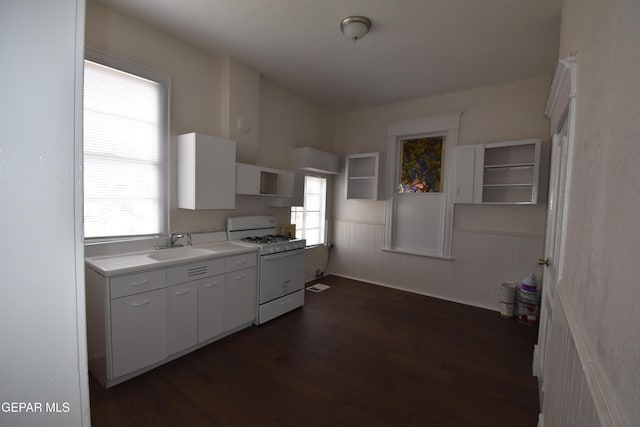 1275 Prospect St, El Paso, TX 79902 - kitchen with white range with gas cooktop, dark wood-style flooring, wainscoting, and plenty of natural light