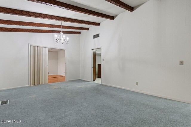 408 Spring Hill Cir, El Paso, TX 79912 - carpeted empty room featuring a chandelier, beam ceiling, and high vaulted ceiling