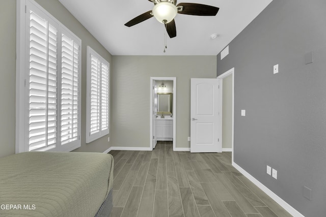 912 Malven Pl, El Paso, TX 79928 - bedroom featuring wood finish floors, a ceiling fan, and ensuite bath