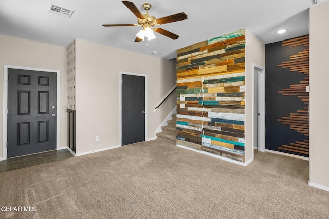 11470 Dawn View Rd Unit B, Socorro, TX 79927 - unfurnished living room featuring carpet floors, a ceiling fan, and stairway