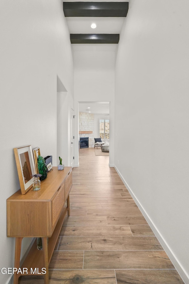 905 Bilton Pl, El Paso, TX 79928 - hall with wood finished floors, a towering ceiling, and beam ceiling