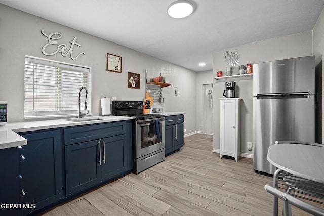 3031 Memphis Ave, El Paso, TX 79930 - kitchen with appliances with stainless steel finishes, blue cabinets, light countertops, and light wood-style flooring