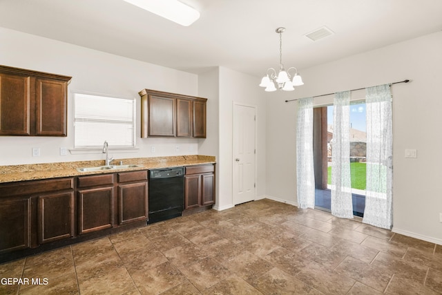 5036 Silver Ranch Ave, El Paso, TX 79934 - kitchen featuring black dishwasher, a chandelier, plenty of natural light, and dark brown cabinets