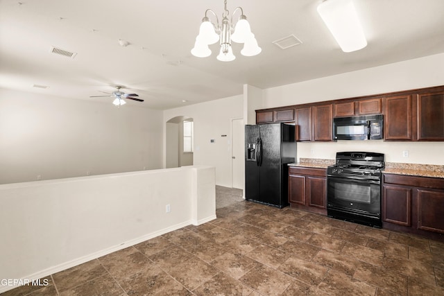 5036 Silver Ranch Ave, El Paso, TX 79934 - kitchen with black appliances, arched walkways, ceiling fan, light countertops, and dark brown cabinets