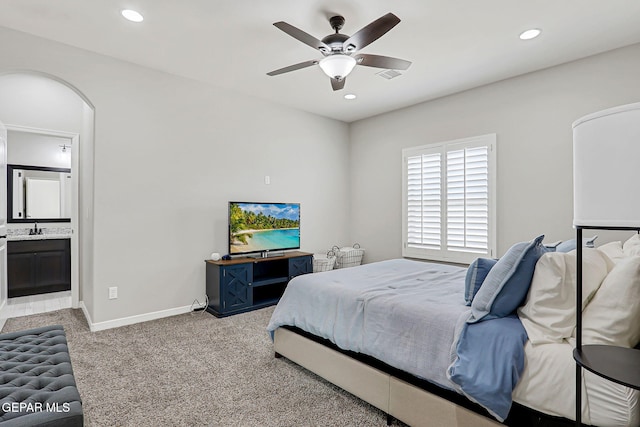 12820 Monmouth Ave, El Paso, TX 79928 - bedroom featuring carpet floors, recessed lighting, connected bathroom, and a ceiling fan