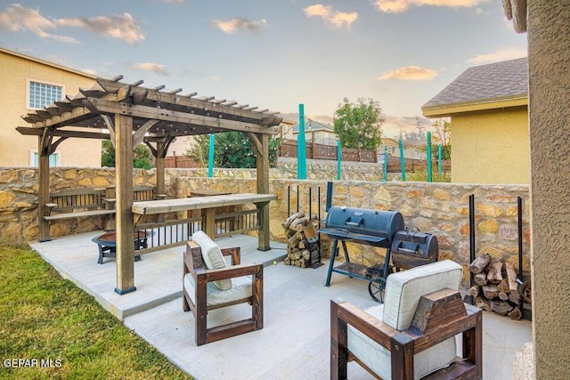 5004 Gold Ranch Ave, El Paso, TX 79934 - patio terrace at dusk with a patio area, area for grilling, a pergola, and outdoor lounge area
