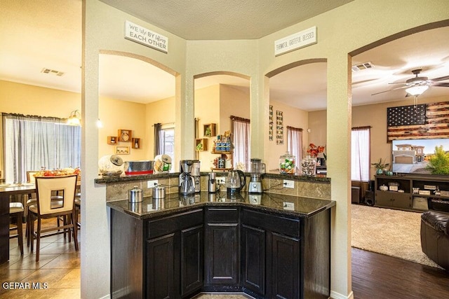 5004 Gold Ranch Ave, El Paso, TX 79934 - kitchen featuring a ceiling fan, dark cabinetry, arched walkways, dark stone countertops, and plenty of natural light