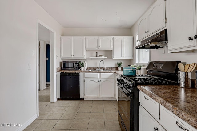 4956 Rutherford Dr, El Paso, TX 79924 - kitchen with black appliances, under cabinet range hood, white cabinetry, and open shelves