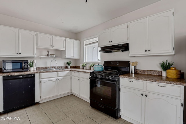 4956 Rutherford Dr, El Paso, TX 79924 - kitchen featuring black appliances, under cabinet range hood, open shelves, white cabinetry, and light tile patterned flooring