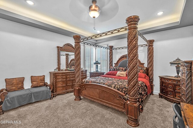 12328 Desert Heights Ct, El Paso, TX 79938 - bedroom with carpet, recessed lighting, ceiling fan, and a raised ceiling