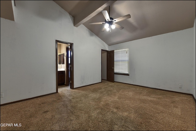 4908 Gold Ranch Ave, El Paso, TX 79934 - unfurnished bedroom featuring beam ceiling, carpet floors, high vaulted ceiling, connected bathroom, and ceiling fan