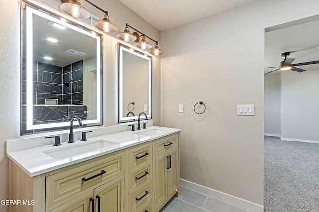 5112 Sun Valley Dr, El Paso, TX 79924 - full bathroom featuring ceiling fan, double vanity, a shower, and tile patterned floors
