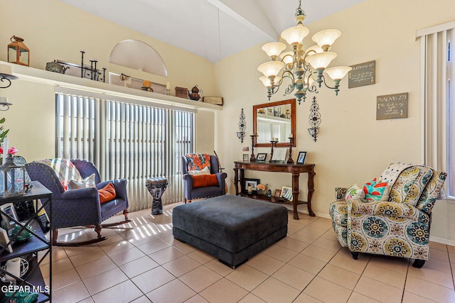 9769 Galilee Dr, El Paso, TX 79927 - living area with light tile patterned floors, a chandelier, and vaulted ceiling