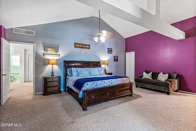 9769 Galilee Dr, El Paso, TX 79927 - bedroom with carpet flooring, high vaulted ceiling, a textured wall, and ceiling fan