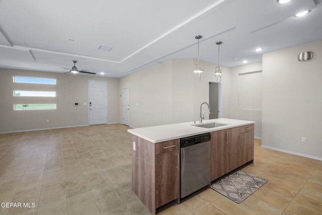7722 Enchanted Ridge Dr, El Paso, TX 79911 - kitchen featuring stainless steel dishwasher, light tile patterned flooring, an island with sink, a ceiling fan, and light countertops