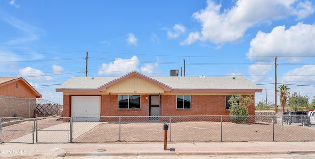 231 Romeria Dr, El Paso, TX 79907 - ranch-style home featuring concrete driveway, brick siding, a fenced front yard, an attached garage, and a shingled roof