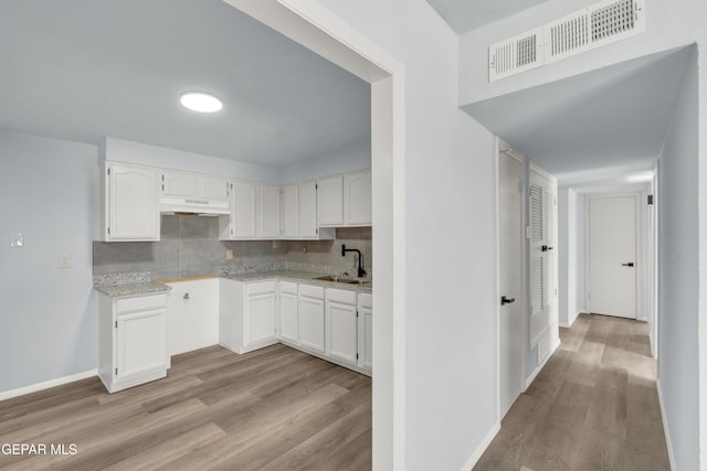 231 Romeria Dr, El Paso, TX 79907 - kitchen with under cabinet range hood, light wood-type flooring, white cabinetry, and tasteful backsplash