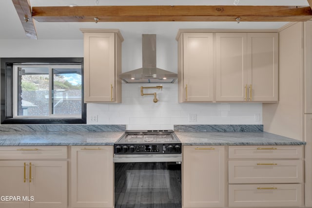3116 Titanic Ave, El Paso, TX 79904 - kitchen with electric range, wall chimney range hood, decorative backsplash, and light stone counters
