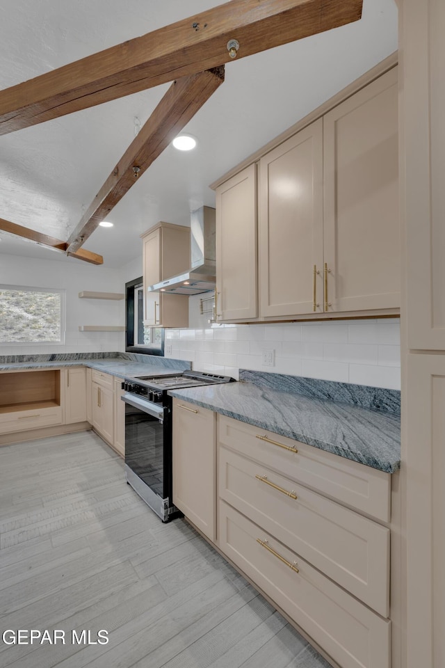 3116 Titanic Ave, El Paso, TX 79904 - kitchen featuring electric range oven, wall chimney exhaust hood, light wood finished floors, tasteful backsplash, and beamed ceiling