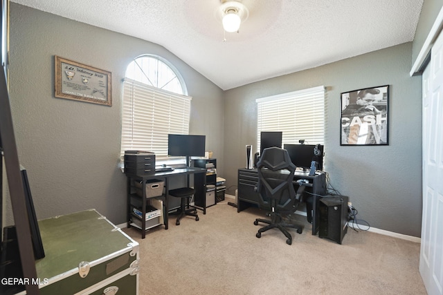 5823 Chippendale Ave, El Paso, TX 79934 - office featuring vaulted ceiling, carpet flooring, a textured wall, a textured ceiling, and ceiling fan