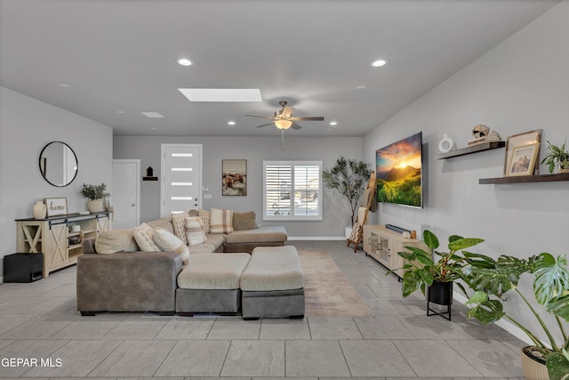 203 Bretby Pl, El Paso, TX 79928 - living area with a skylight, ceiling fan, recessed lighting, and light tile patterned floors