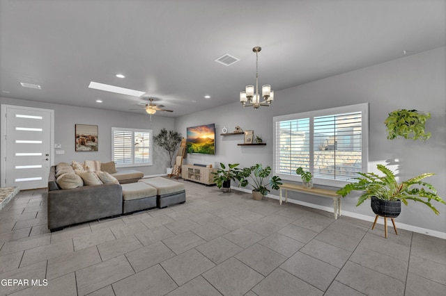 203 Bretby Pl, El Paso, TX 79928 - living room featuring plenty of natural light, ceiling fan, light tile patterned flooring, a chandelier, and recessed lighting