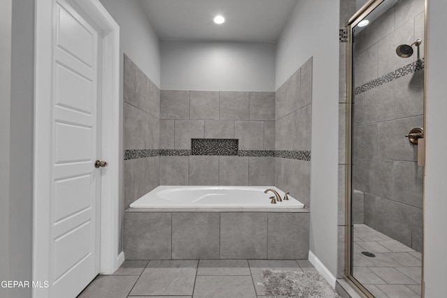 203 Bretby Pl, El Paso, TX 79928 - bathroom featuring a bath, a stall shower, tile patterned floors, and recessed lighting