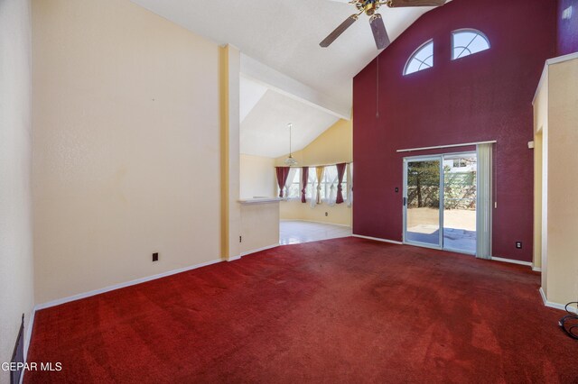 11969 Oak Abbey Ct, El Paso, TX 79936 - unfurnished living room with ceiling fan, carpet, plenty of natural light, and high vaulted ceiling