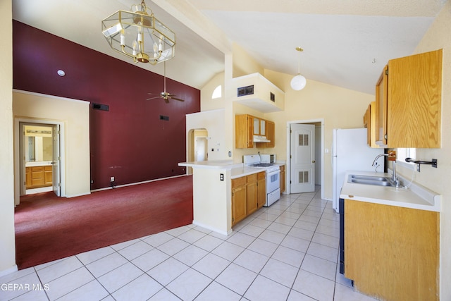 11969 Oak Abbey Ct, El Paso, TX 79936 - kitchen with white range with gas stovetop, high vaulted ceiling, a ceiling fan, light colored carpet, and light countertops