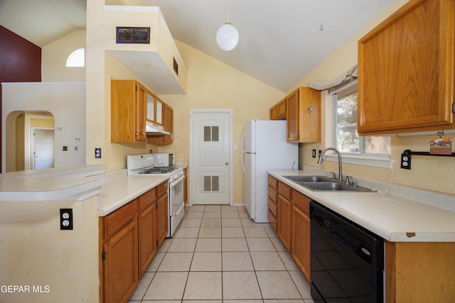 11969 Oak Abbey Ct, El Paso, TX 79936 - kitchen with white appliances, under cabinet range hood, light countertops, light tile patterned floors, and high vaulted ceiling