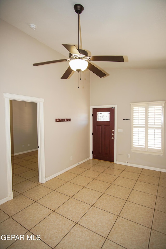 5353 Manuel Puentes Ct, El Paso, TX 79934 - entrance foyer with high vaulted ceiling, ceiling fan, and light tile patterned flooring