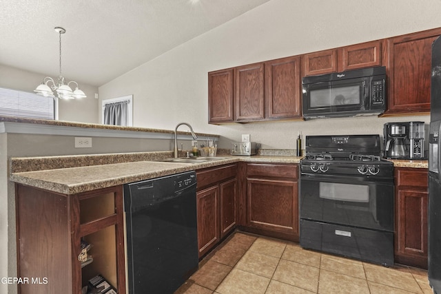14215 Otter Point Ct, El Paso, TX 79938 - kitchen featuring black appliances, vaulted ceiling, a chandelier, a peninsula, and light tile patterned floors