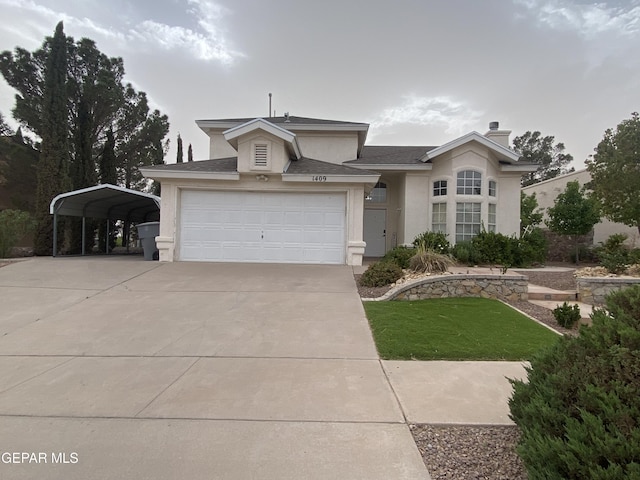 1409 Rainbow Ridge Dr, El Paso, TX 79912 - view of front facade featuring stucco siding, a front lawn, driveway, a chimney, and an attached garage