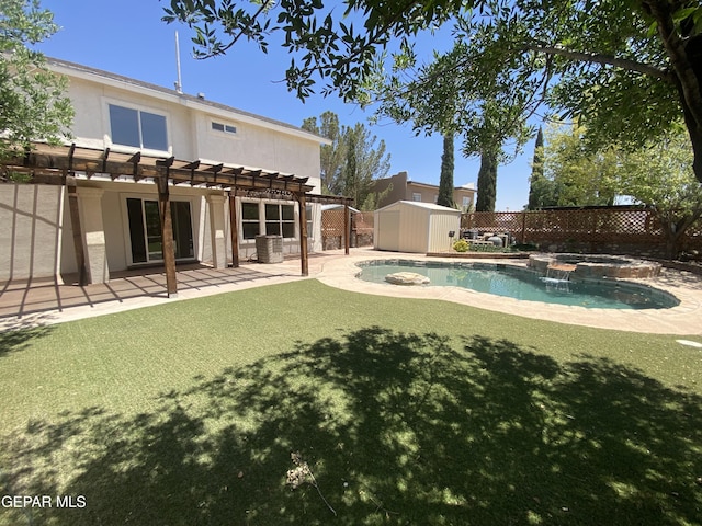1409 Rainbow Ridge Dr, El Paso, TX 79912 - view of pool featuring a storage shed, a pergola, a fenced backyard, a pool with connected hot tub, and a patio area