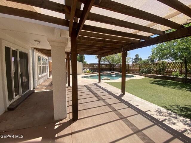1409 Rainbow Ridge Dr, El Paso, TX 79912 - fenced backyard with a patio area, a pool with connected hot tub, and a pergola